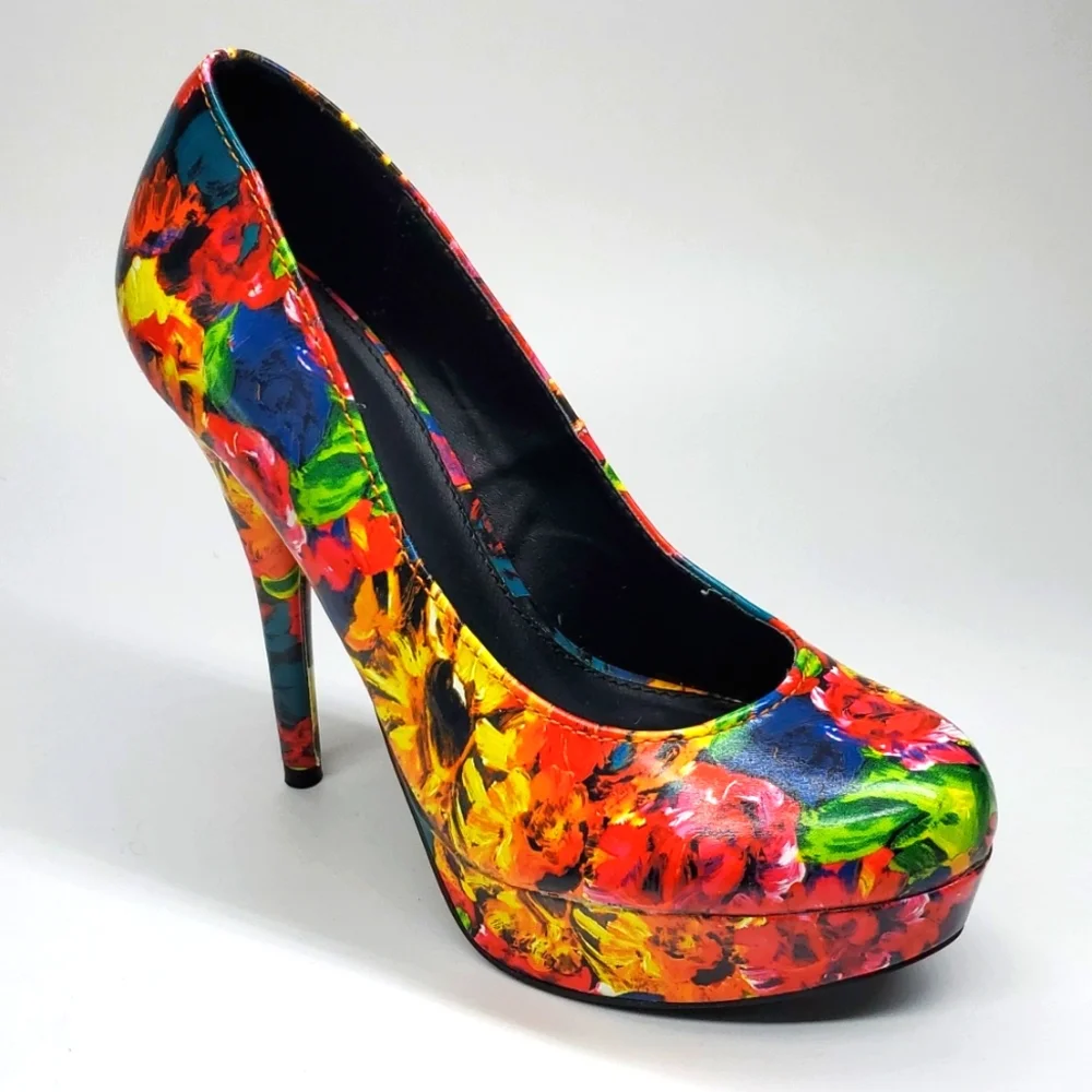 Wild Pair Dayton Multi Color Floral Platform Stilettos 7